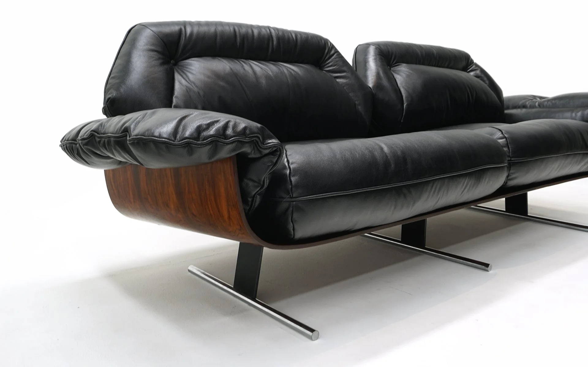 Jorge Zalszupin Sofa in Black Leather and Brazilian Rosewood